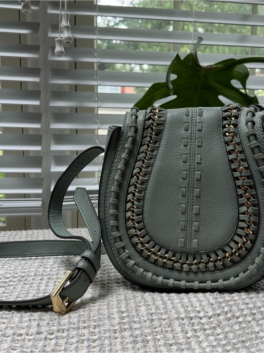 Women's Leather Crossbody Bag in Sage Green - Picture 2 of 9